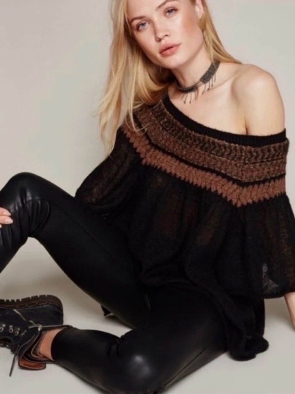 Free People Loch Lomond Fair Isle Off Shoulder Sweater Black Oversized